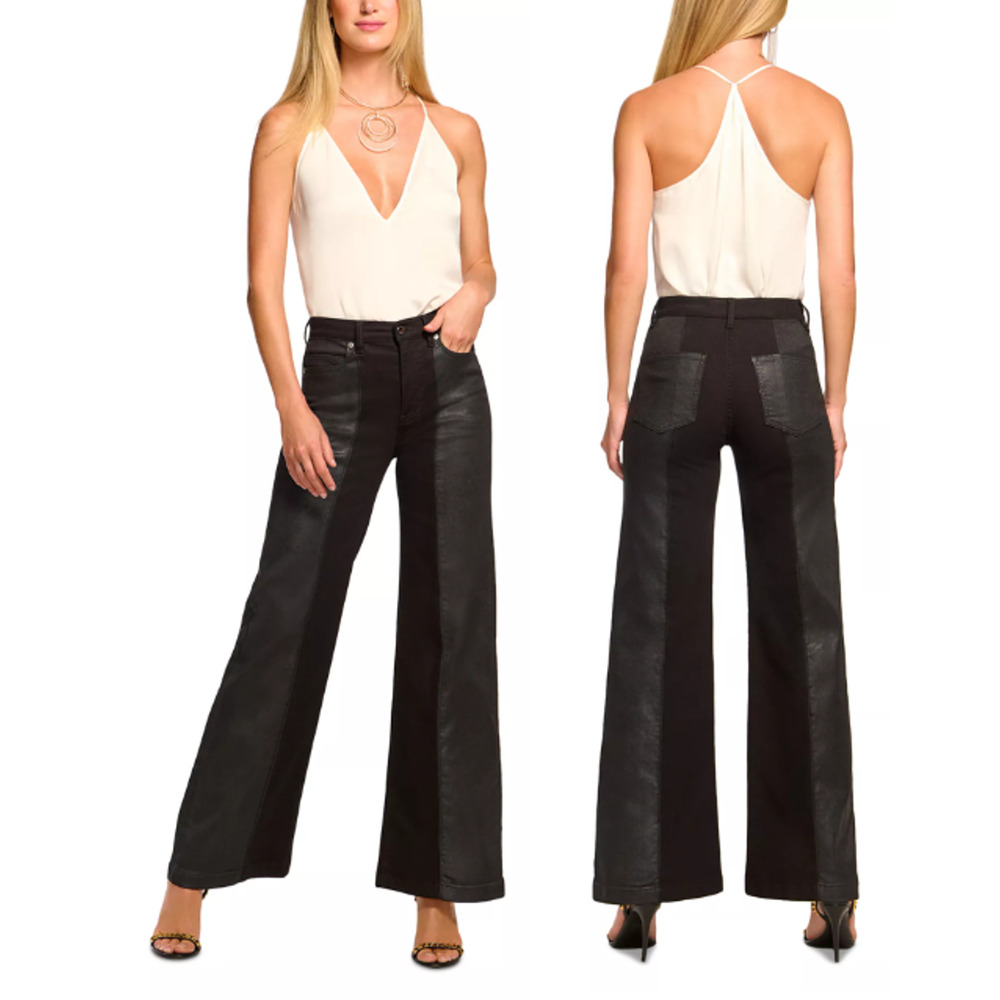 NWT Ramy Brook Coated Vinnie High Rise Wide Leg Jeans Black Women's Size 28